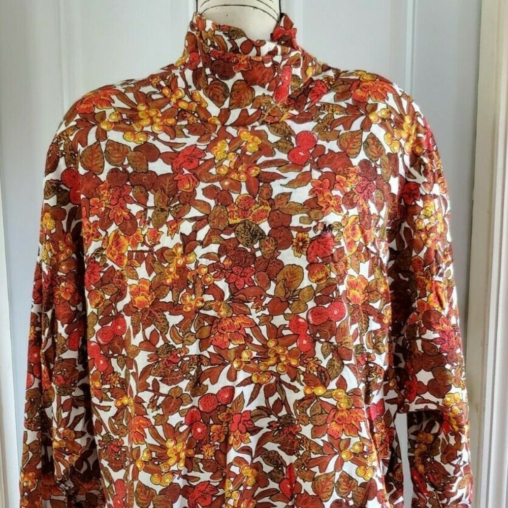 Vintage Fall Autumn Floral Orange High Neck Dolan Sleeves Top M Hunters Run NWT